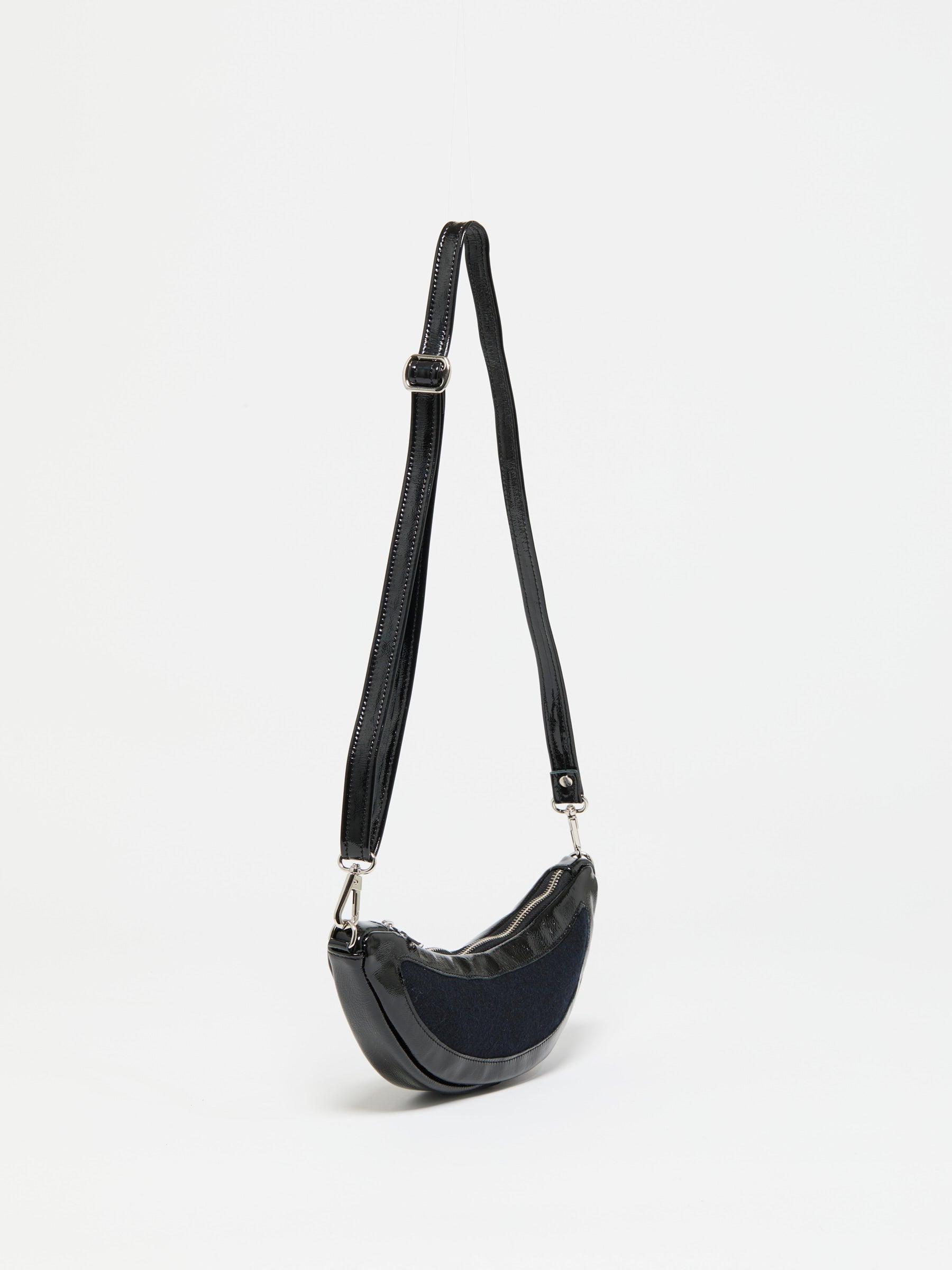 MINI LUNA PATENT LEATHER & WOOL HALF-MOON BAG