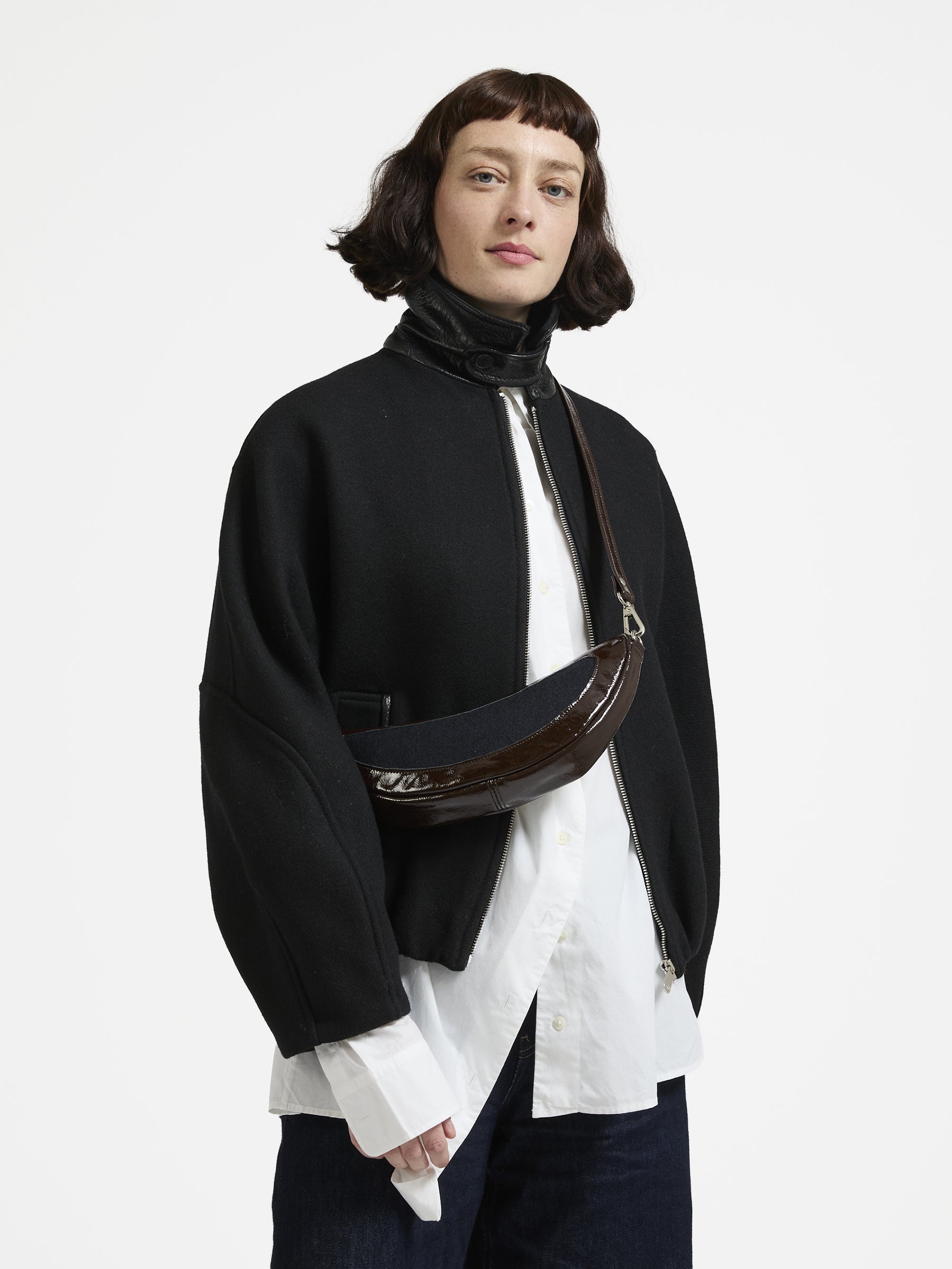 MINI LUNA PATENT LEATHER & WOOL HALF-MOON BAG